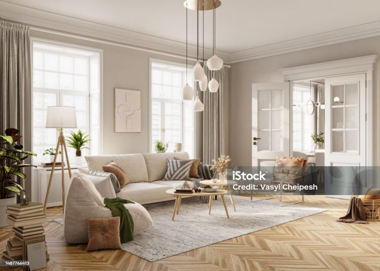 Bright living room interior design with windows and beige walls is furnished with modern sofa, armchares, floor lamp, coffee table and other decorative elements